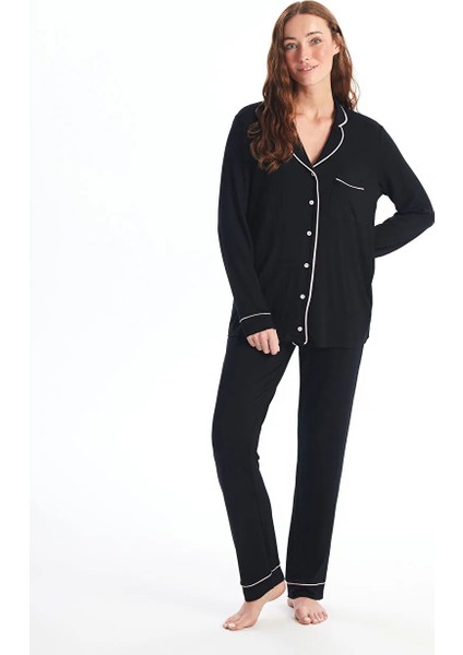 Gömlek Yaka Düz Uzun Kollu Kadın Pijama Takımı