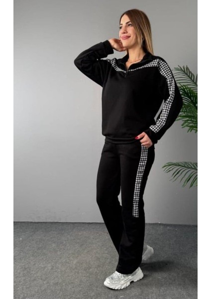 Kadın Fermuar ve Ekose Detay Sweatshirt ve Pantolon Üç Iplik Kumaş Ikili Takım