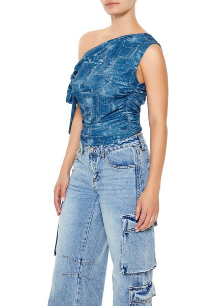 Denim Desenli Tek Omuzlu Bluz