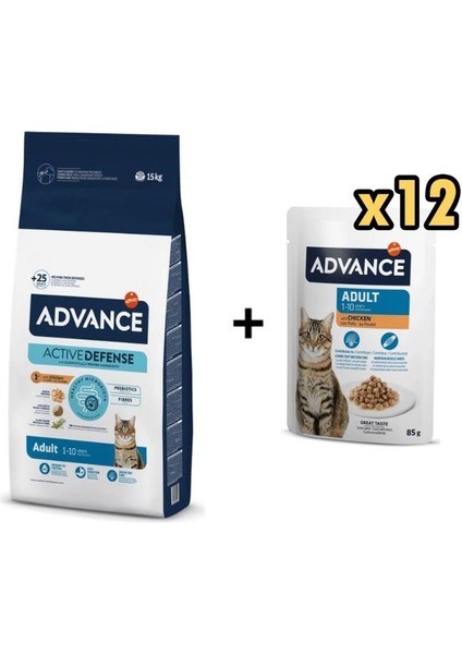 Tavuklu Yetişkin Kedi Maması 15 kg + 12 Adet Advance Tavuklu Yetişkin Kedi Pouch Yaş Maması 85 gr