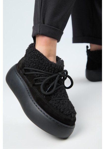 (Eleni) Kadın Deri Içi Kürklü Mini Tedy Detaylı Siyah Bot