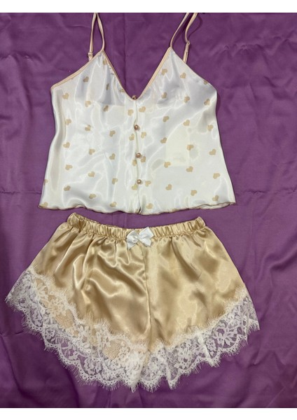 Bal Rengi Kalpli Saten Pijama Takımı M Beden
