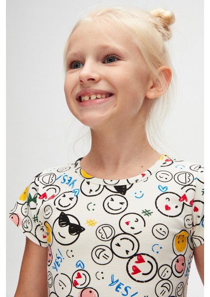 Cute Faces Kız Çocuk Desenli Kısa Kol Elbise