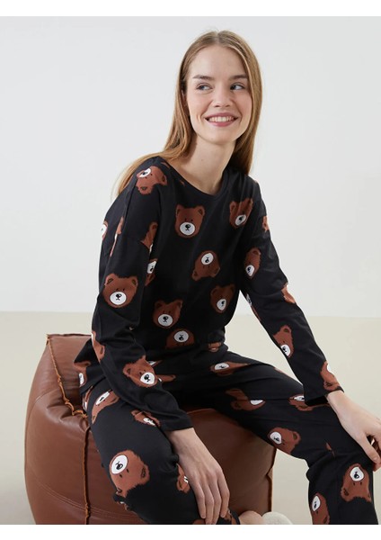 Siyah Baskılı Bisiklet Yaka Baskılı Kadın Pijama Takımı