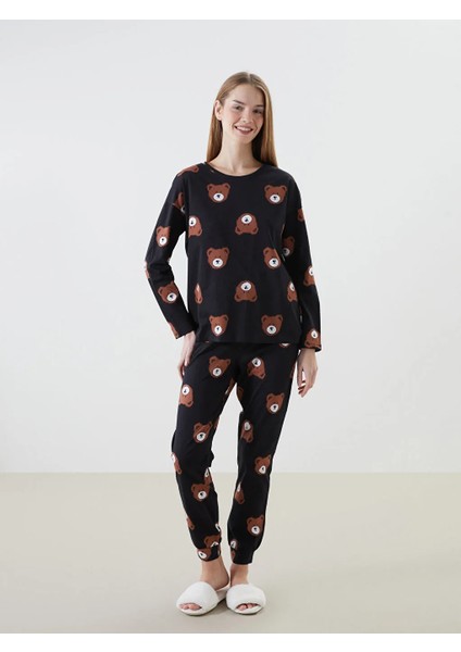 Siyah Baskılı Bisiklet Yaka Baskılı Kadın Pijama Takımı