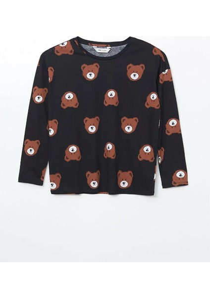 Siyah Baskılı Bisiklet Yaka Baskılı Kadın Pijama Takımı