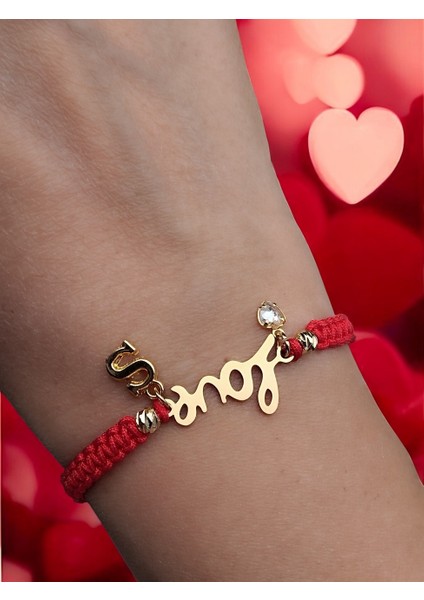 Sevgililer Günü Özel, Love Yazılı Harf ve Kalp Charm\'lı Makrome Kadın Bileklik