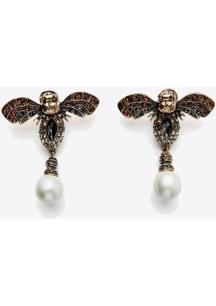 Parlak Taşlı Antik Kaplamalı Arı Küpe