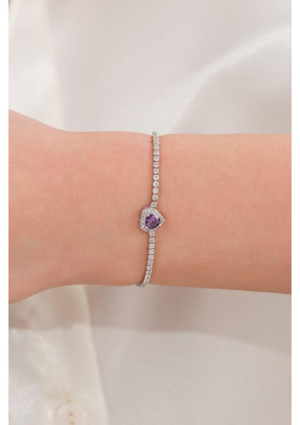 Gümüş Mor Ametist ve Beyaz Zirkon Taşlı Kalp Kalpli Su Yolu Zincirli Bileklik