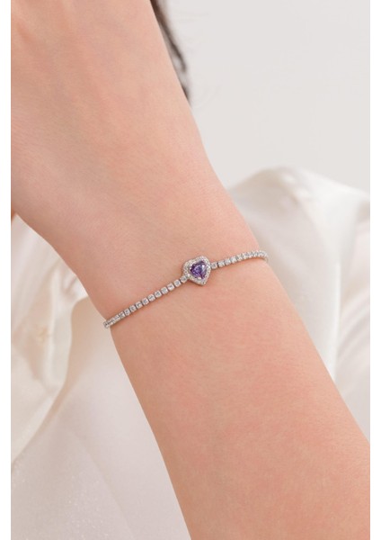 Gümüş Mor Ametist ve Beyaz Zirkon Taşlı Kalp Kalpli Su Yolu Zincirli Bileklik fiyatları