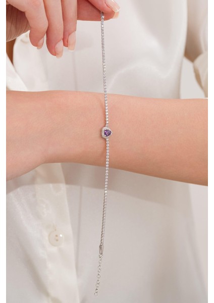 Gümüş Mor Ametist ve Beyaz Zirkon Taşlı Kalp Kalpli Su Yolu Zincirli Bileklik modelleri