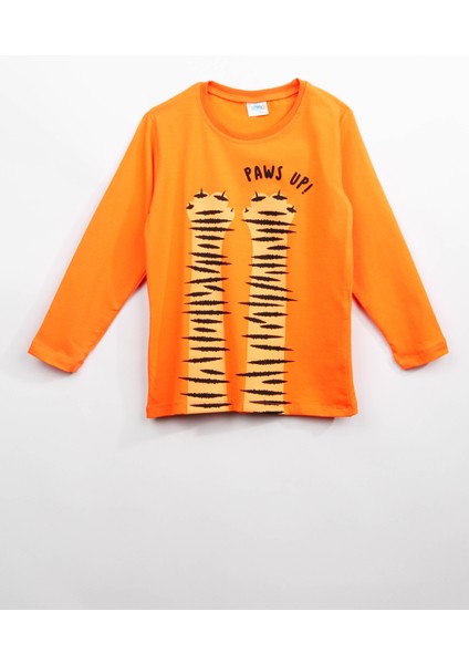 %100 Pamuklu Uzun Kollu Paws Up Baskılı Erkek Çocuk Tshirt Turuncu