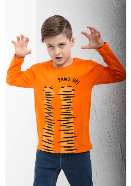 %100 Pamuklu Uzun Kollu Paws Up Baskılı Erkek Çocuk Tshirt Turuncu fiyatları