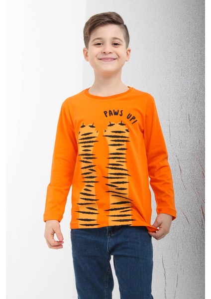%100 Pamuklu Uzun Kollu Paws Up Baskılı Erkek Çocuk Tshirt Turuncu modelleri