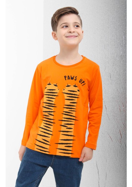%100 Pamuklu Uzun Kollu Paws Up Baskılı Erkek Çocuk Tshirt Turuncu indirimleri