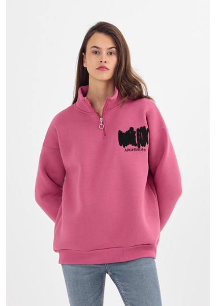 - Kadın Pembe Boğaz Fermuarlı Nakış Detaylı Şardonlu Sweatshirt modelleri