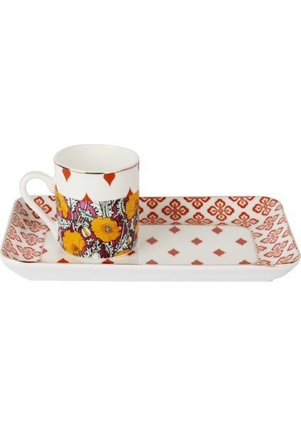 Eliana Bone China Porselen Karışık Desenli Tek Kişilik Tepsili Kahve Fincanı Seti