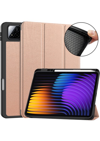 Xiaomi Pad 7 Pro / Pad 7 Için Kalem Yuvası ile Şok Emici Deri Tablet Kılıfı-Gül Altın (Yurt Dışından) fiyatları
