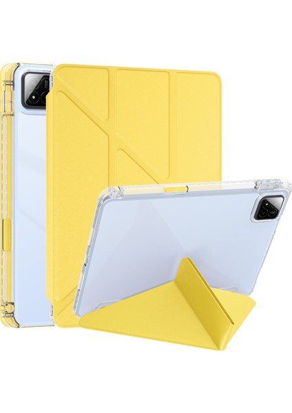 Xiaomi Pad 7 Pro / Pad 7 Kılıf Pu Deri Origami Şeffaf Tablet Kapağı-Sarı (Yurt Dışından)
