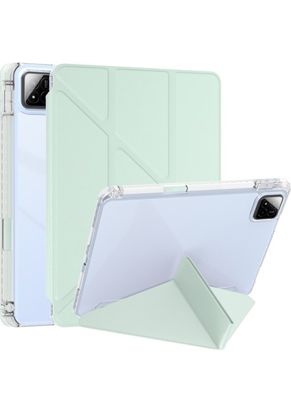 Xiaomi Pad 7 Pro / Pad 7 Kılıf Pu Deri Origami Şeffaf Tablet Kapağı-Açık Yeşil (Yurt Dışından)