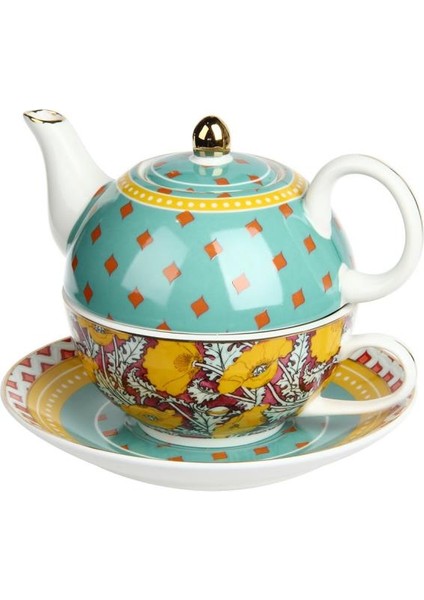 Lucky Art Eliana Bone China Desenli Porselen Tek Kişilik Demlik & Fincan Seti