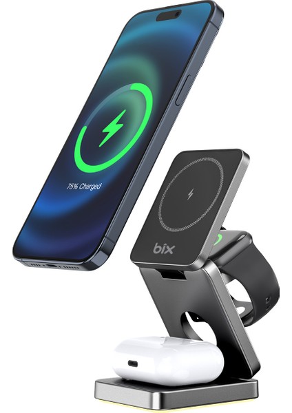 Bxmw7 3'ü 1 Arada 15W Akıllı Telefon Tws Kulaklık ve Akıllı Saat Için Katlanabilir Manyetik Kablosuz Şarj Cihazı