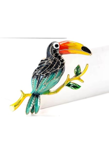 Renkli Mineli Altın Renk Dal Detaylı Tasarım Papağan Broş