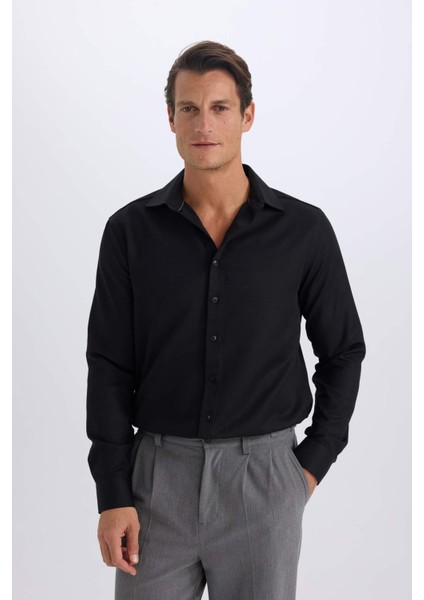 Slim Fit Dar Kesim Polo Yaka Oxford Basic Düz Uzun Kollu Siyah Gömlek R4340AZ25SP