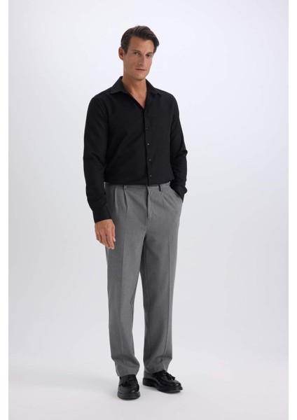 Slim Fit Dar Kesim Polo Yaka Oxford Basic Düz Uzun Kollu Siyah Gömlek R4340AZ25SP