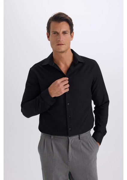 Slim Fit Dar Kesim Polo Yaka Oxford Basic Düz Uzun Kollu Siyah Gömlek R4340AZ25SP