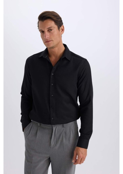 Slim Fit Dar Kesim Polo Yaka Oxford Basic Düz Uzun Kollu Siyah Gömlek R4340AZ25SP