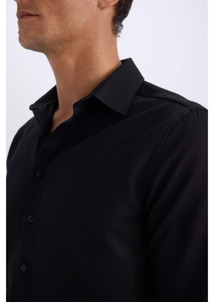 Slim Fit Dar Kesim Polo Yaka Oxford Basic Düz Uzun Kollu Siyah Gömlek R4340AZ25SP