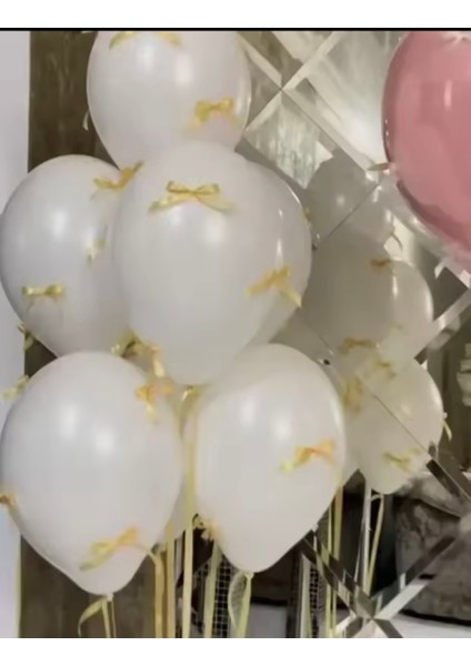 Krem Fiyonk Kurdeleli 6 Adet Beyaz Balon