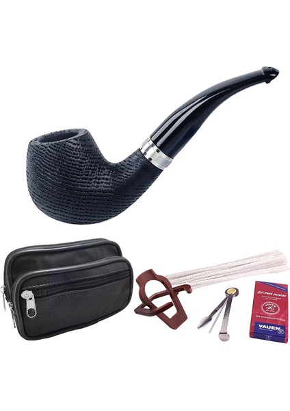 9 Mm. Metal Bilezikli Maun Eğik Sap Ahşap Pipo Seti RD31-TAKIM