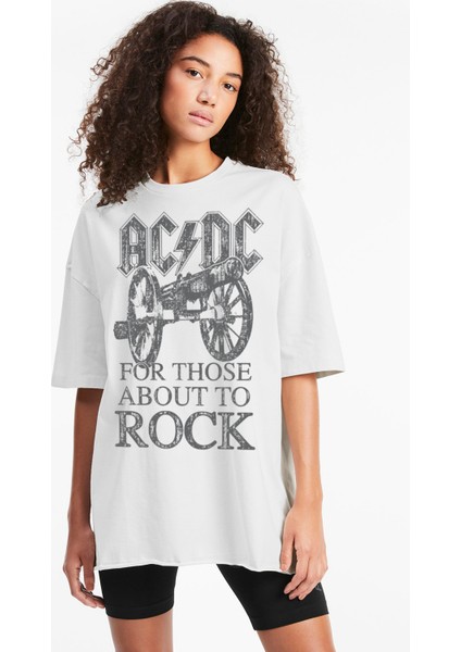 Top Rock Acdc Beyaz Oversize Kadın T-Shirt