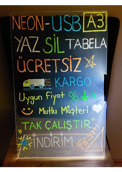 Yaz Sil Işıklı Neon Tabela Kalemli USB (Elektrikli) A3 (30X48CM)