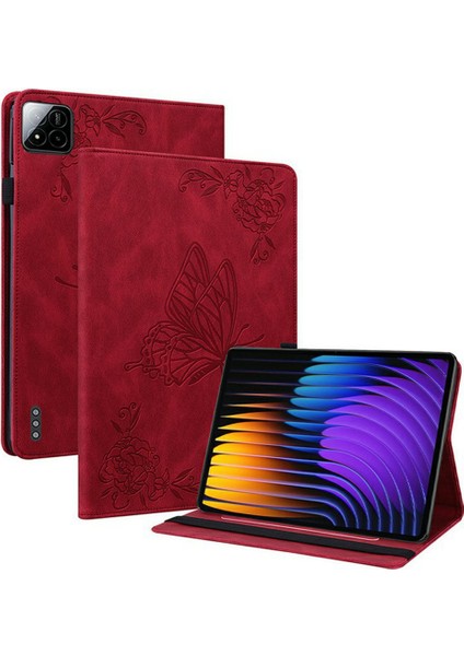 Xiaomi Pad 7 Pro / Pad 7 Kılıfı Çiçek Baskılı Pu Deri Tablet Kılıfı, Kart Yuvalı-Kırmızı (Yurt Dışından)