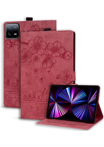 Xiaomi Pad 7 Kılıf Flip Deri Telefon Kılıfı Kiraz Çiçeği Kedi Baskılı-Kırmızı (Yurt Dışından)