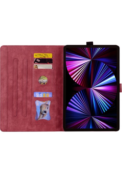 Xiaomi Pad 7 Kılıf Flip Deri Telefon Kılıfı Kiraz Çiçeği Kedi Baskılı-Kırmızı (Yurt Dışından)