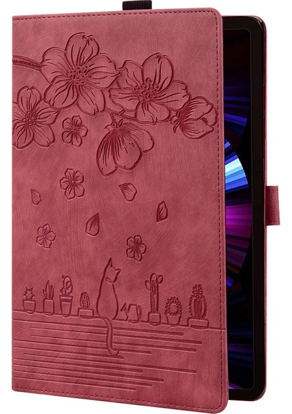 Xiaomi Pad 7 Kılıf Flip Deri Telefon Kılıfı Kiraz Çiçeği Kedi Baskılı-Kırmızı (Yurt Dışından)