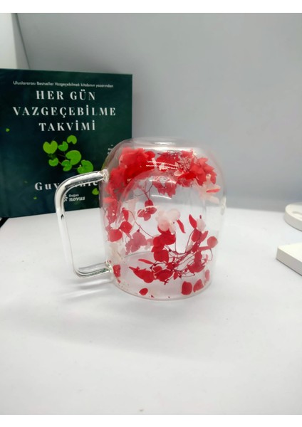 Isıya Dayanıklı Çift Cidarlı Kurutulmuş Canlı Çiçekli Kupa