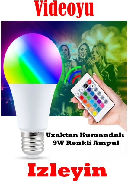 Videolu Uzaktan Kumandalı Rgb(Renkli)" + Beyaz 9W LED Ampul Fonksiyonlu