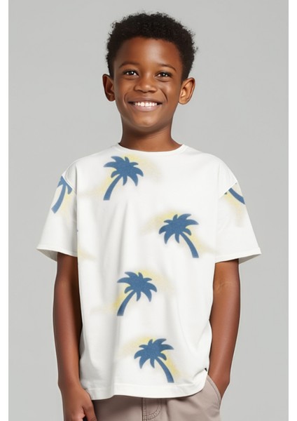 Palm Ekru Mavi Desenli Pamuklu Erkek Çocuk Tshirt modelleri