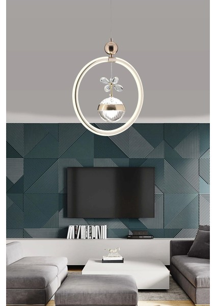 Modern Yuvarlak Tek Toplu Üç Renkli Gold Sarkıt Ledli Salon Avize ve Oturma Odası Ledli Avize