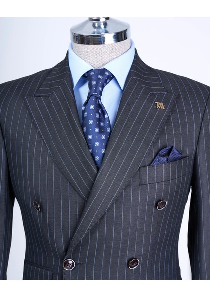 Italyan Stil Slim Fit Çizgili Kruvaze Ceket Pantolon Takım Elbise Antrasit T13197 fiyatları