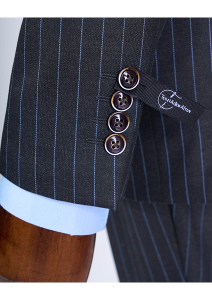Italyan Stil Slim Fit Çizgili Kruvaze Ceket Pantolon Takım Elbise Antrasit T13197 fırsatları