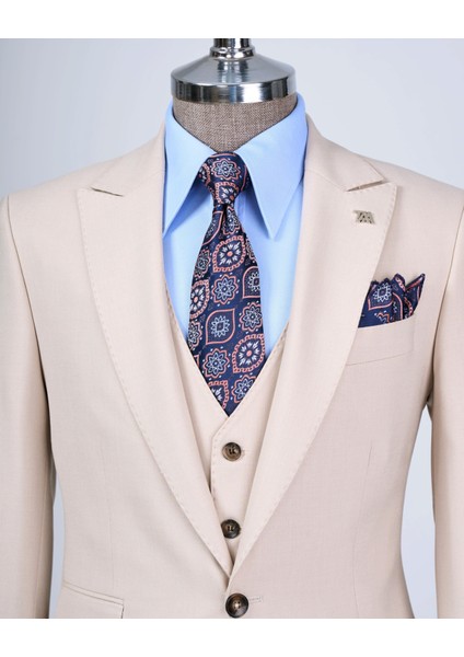 Italyan Stil Slim Fit 8 Drop Ceket Yelek Pantolon Takım Elbise Bej T12633 fiyatları