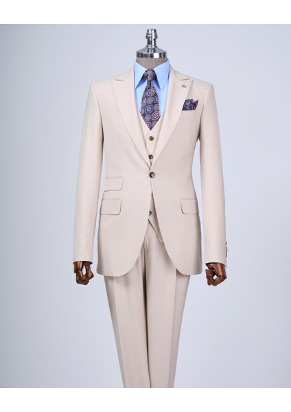 Italyan Stil Slim Fit 8 Drop Ceket Yelek Pantolon Takım Elbise Bej T12633 indirimleri