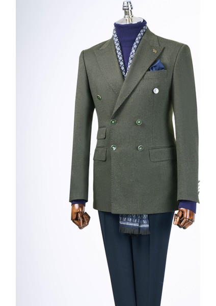 Italyan Stil Slim Fit Kruvaze Sivri Yaka Erkek Ceket Haki T13292