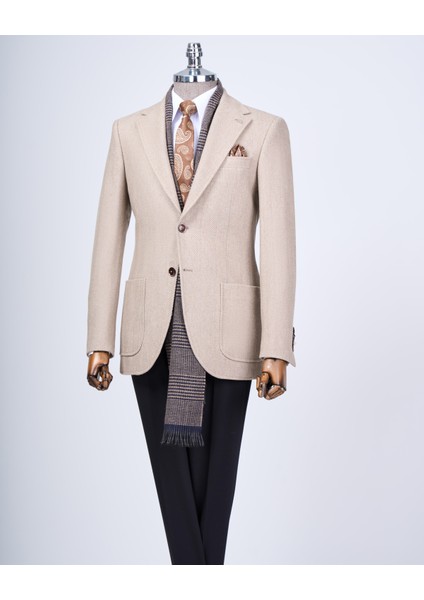 Italyan Stil Slim Fit Mono Yaka Erkek Tek Ceket Bej T13580